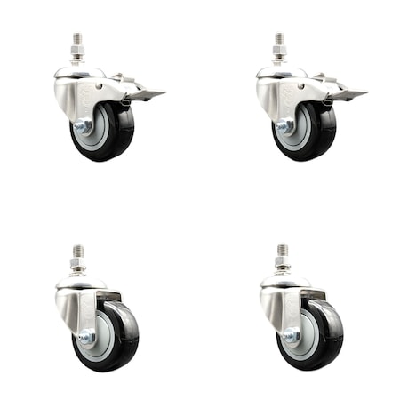 Service Caster 3 Inch 316SS Black Polyurethane 10mm Threaded Stem Caster Lock Brake, 2PK SS316TSTTL20S314-PPUB-BLK-M1015-2-S2